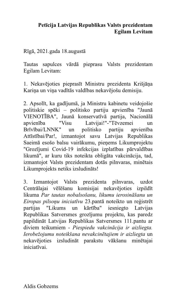 2021.gada 18.augusta Tautas sapulces-piketa petīcija Latvijas valsts Prezidentam 2021.gada 18.augusta Tautas sapulces-piketa petīcija Latvijas valsts Prezidentam