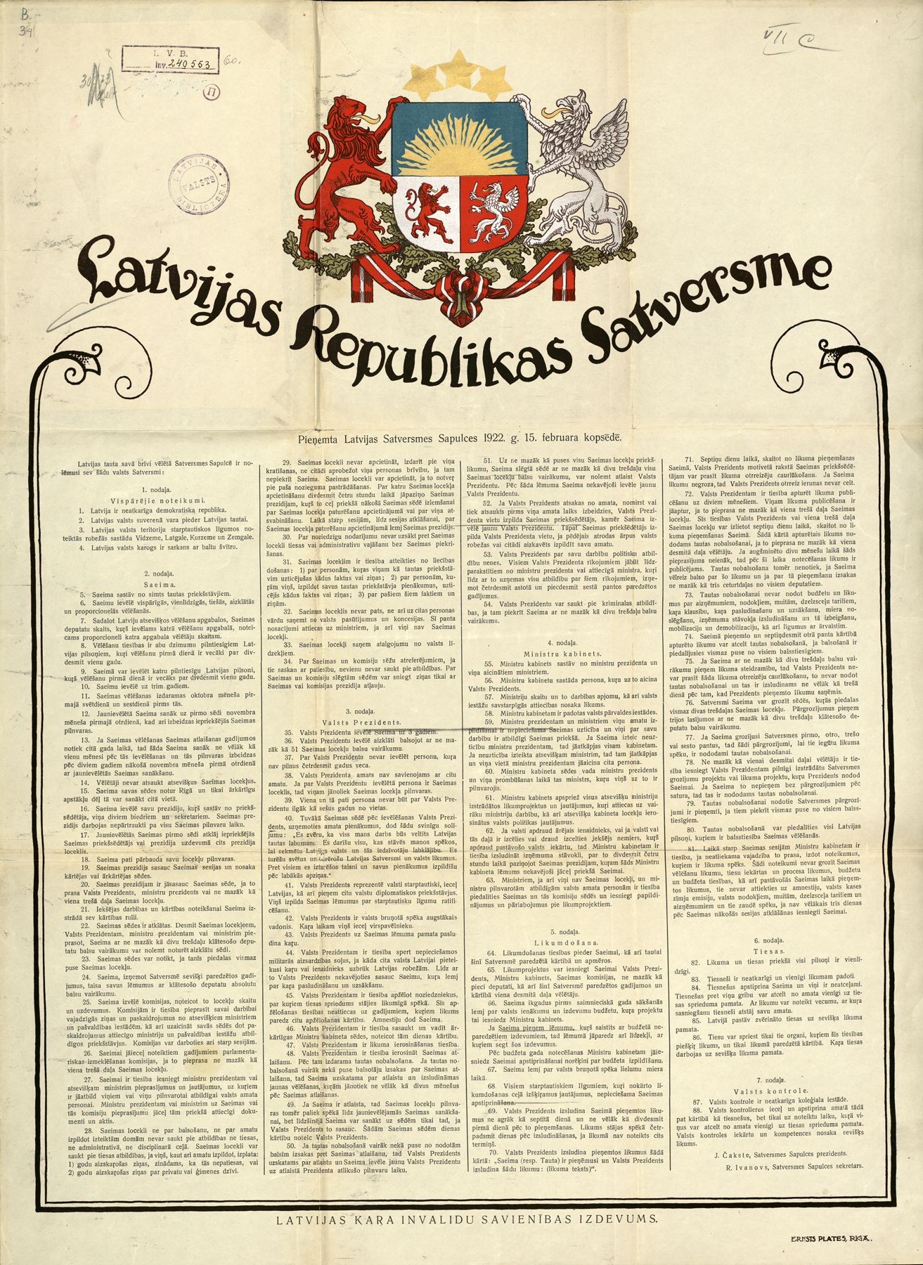 Latvijas Republikas Satversme Latvijas Kara invalīdu savienība 1922