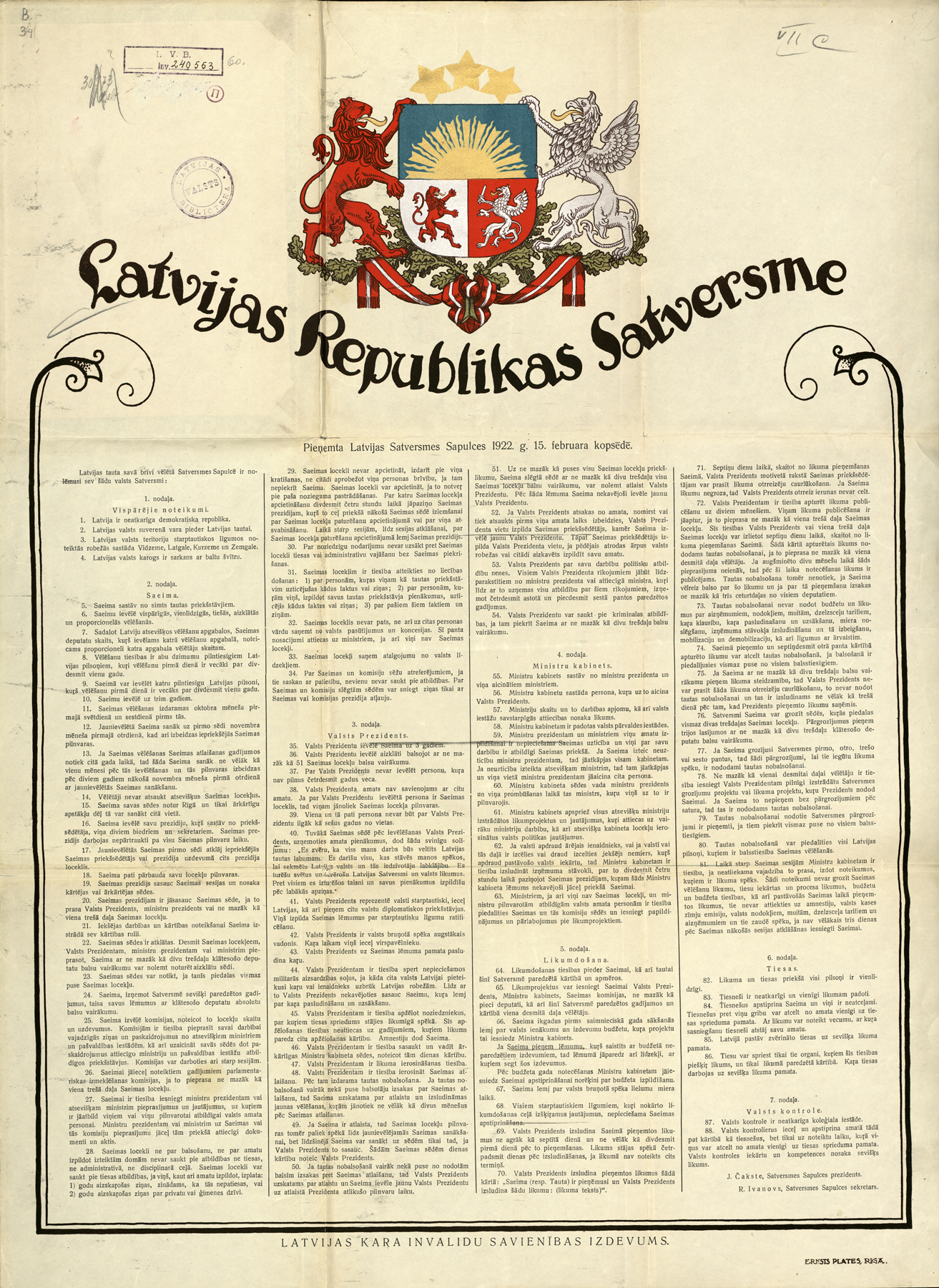 Latvijas Republikas Satversme Latvijas Kara invalīdu savienība 1922 Latvijas Republikas Satversme Latvijas Kara invalīdu savienība 1922